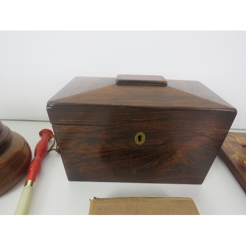 354 - TRAY OF MISCELLANEOUS  INCLUDES WOODEN TEA CADDY, BINOCULARS, CASED VANITY SET ETC