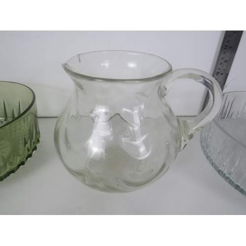 355 - GLASSWARE, LARGE JUG, TWO CORONATION  MUGS AND TWO FRUIT BOWLS