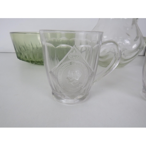 355 - GLASSWARE, LARGE JUG, TWO CORONATION  MUGS AND TWO FRUIT BOWLS