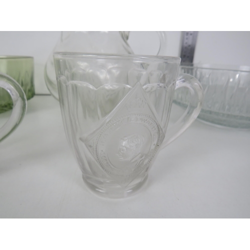 355 - GLASSWARE, LARGE JUG, TWO CORONATION  MUGS AND TWO FRUIT BOWLS