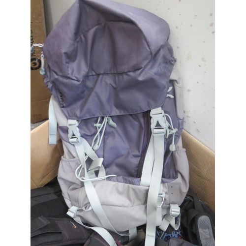 359 - LARGE BOX FULL OF BAGS AND UMBERELLAS INCLUDES RUCKSACKS