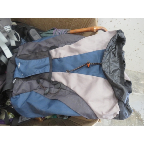 359 - LARGE BOX FULL OF BAGS AND UMBERELLAS INCLUDES RUCKSACKS