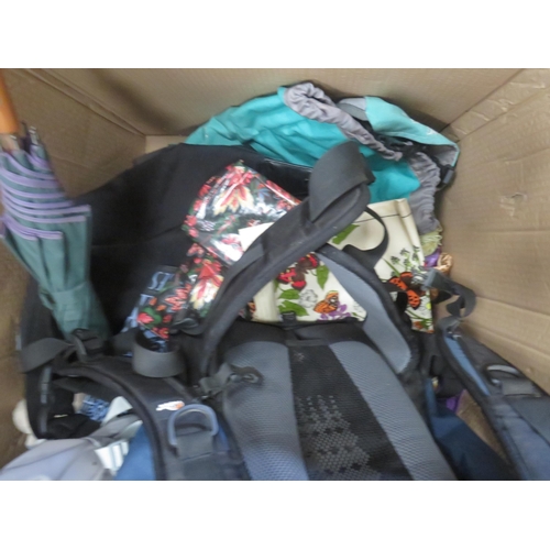 359 - LARGE BOX FULL OF BAGS AND UMBERELLAS INCLUDES RUCKSACKS