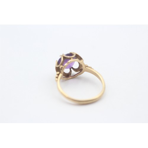 472 - 9ct Gold Amethyst Round Cut Ornate Open Basket Set Solitaire Statement Ring (2.3g) - Size L