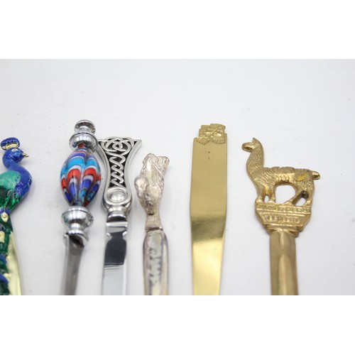 477 - 9 x Assorted LETTER OPENERS Inc Brass, Peacock, Enamel, Duck Etc