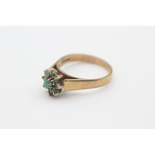 490 - 9ct White And Yellow Gold Emerald And Diamond Floral Cluster Dress Ring (3.2g) - Size O