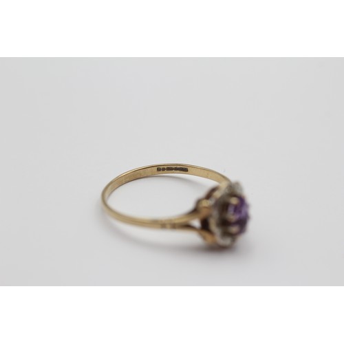 493 - 9ct White And Yellow Gold Diamond And Amethyst Oval Halo Cluster Split Shank Dress Ring (1.7g) - Siz... 