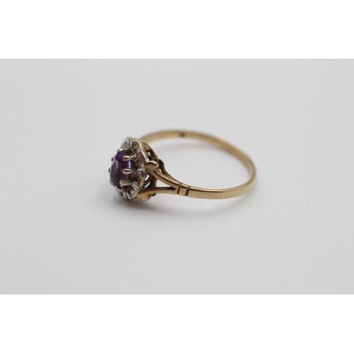 493 - 9ct White And Yellow Gold Diamond And Amethyst Oval Halo Cluster Split Shank Dress Ring (1.7g) - Siz... 