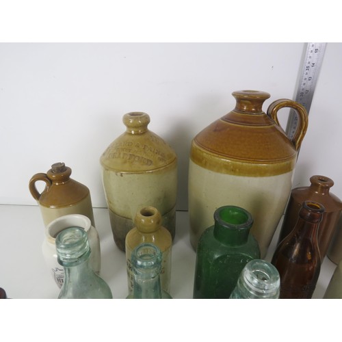 369 - JOBLOT OF STONEWARE JUGS AND GLASS BOTTLES PLUS A CORONEL CAMERA