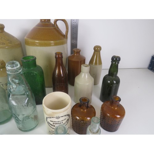 369 - JOBLOT OF STONEWARE JUGS AND GLASS BOTTLES PLUS A CORONEL CAMERA