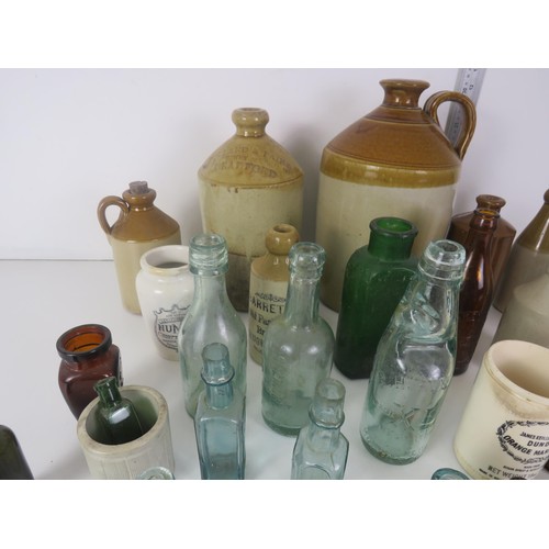 369 - JOBLOT OF STONEWARE JUGS AND GLASS BOTTLES PLUS A CORONEL CAMERA