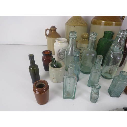 369 - JOBLOT OF STONEWARE JUGS AND GLASS BOTTLES PLUS A CORONEL CAMERA