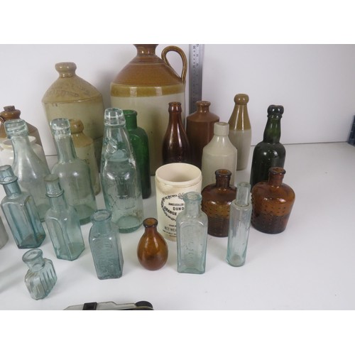 369 - JOBLOT OF STONEWARE JUGS AND GLASS BOTTLES PLUS A CORONEL CAMERA