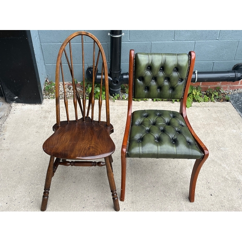 396 - GREEN LEATHER CHESTERFIELD CHAIR AND A SPINDLEBACK CHAIR