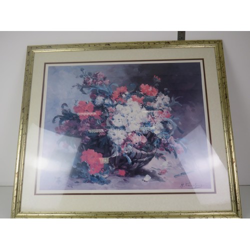 393 - 3 x FRAMED PRINTS INCLUDES TWO LARGE FLORAL AND A DAVID NEWBOULD SIGNED PASTEL DRAWING OF TONY WORKI... 