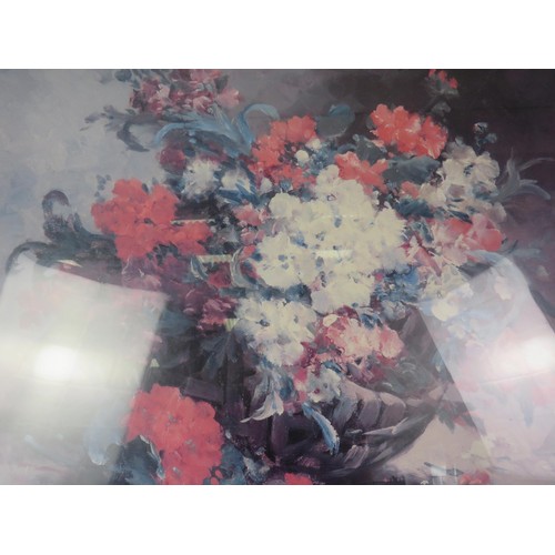 393 - 3 x FRAMED PRINTS INCLUDES TWO LARGE FLORAL AND A DAVID NEWBOULD SIGNED PASTEL DRAWING OF TONY WORKI... 