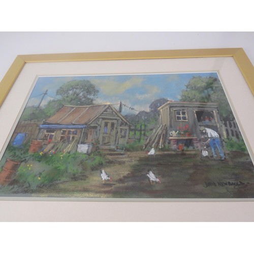 393 - 3 x FRAMED PRINTS INCLUDES TWO LARGE FLORAL AND A DAVID NEWBOULD SIGNED PASTEL DRAWING OF TONY WORKI... 