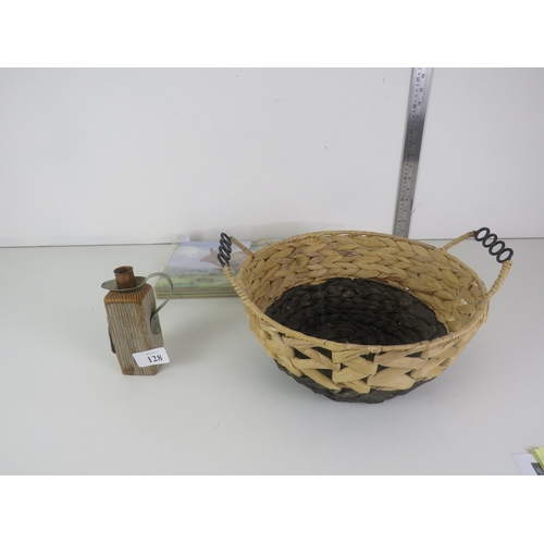 128 - SET OF TABLE MATS, BASKET AND IRISH SEA DRIFTWOOD CANDLESTICK