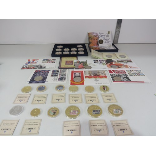 58 - 4 x BOXES OF COLLECTIONS INCLUDES, ROMAN BRITAIN GOKD PLATED COLLECTABLES, BANKNOTE COINS, 1ST DAY C... 