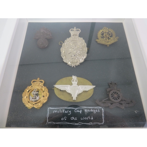 175 - PAIR OF FRAMED CAP BADGES AND WWII MEDALS