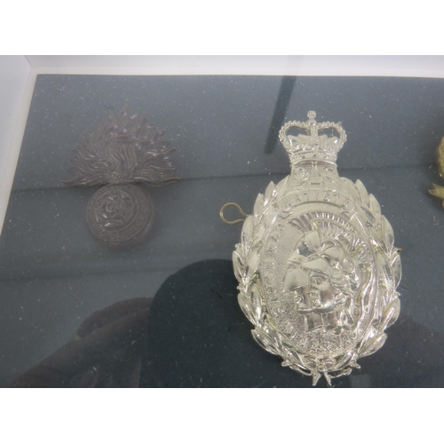 175 - PAIR OF FRAMED CAP BADGES AND WWII MEDALS