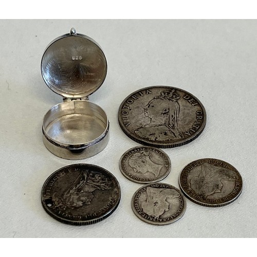 104 - SILVER PILL BOX AND VICTORIAN SILVER COINS