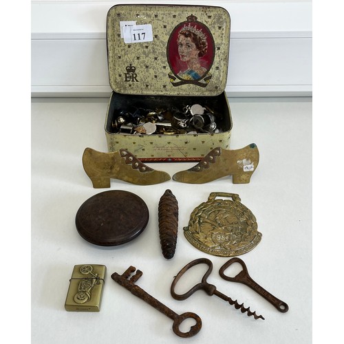 117 - TIN OF MISCELLANEOUS ITEMS INCLUDING CORKSCREWS, BADGES, WHISTLES  ETC