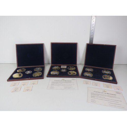 59 - 3 x WOODEN CASES OF GOLD PLATED COLLECTORS COINS INCLUDES BRITISH MILITARY MONEY SHILLING COLLECTION... 