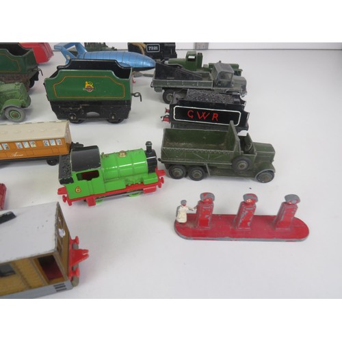 290 - BOX OF HORNBY TRAINS, ACCESSORIES AND DIECAST INCLUDES DINKY TOYS, ERTYL THOMAS ETC