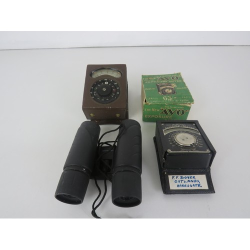 291 - TRAVEL BINOCULARS AND TWO AVO EXPOSURE METERS