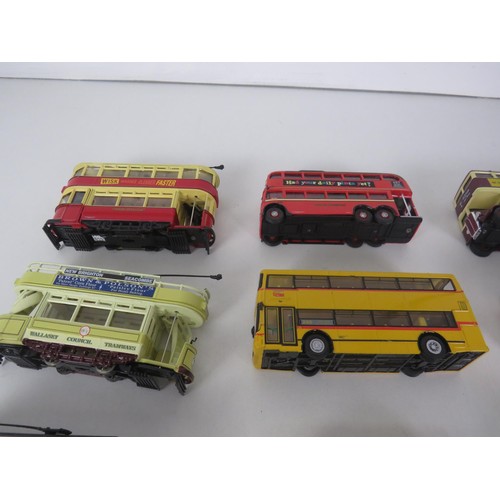 293 - TRAY OF DIECAST BUSES, TRAMS AND TANKERS