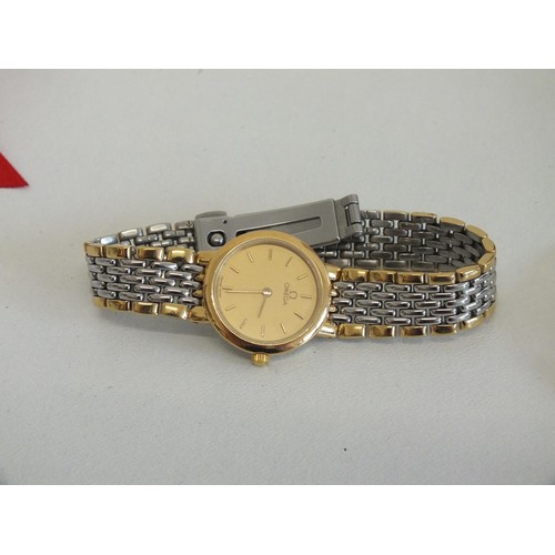 86 - LADIES OMEGA DEVILLE WRISTWATCH STAINLESS STEEL, GOLD PLATED & 18ct GOLD WITH CHAMPAGNE COLOURED DIA... 