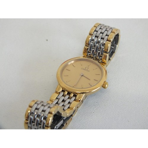 86 - LADIES OMEGA DEVILLE WRISTWATCH STAINLESS STEEL, GOLD PLATED & 18ct GOLD WITH CHAMPAGNE COLOURED DIA... 