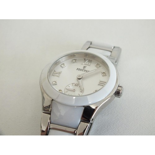 89 - LADIES FESTINA WHITE CERAMIC WRISTWATCH SILVER COLOURED DIAMOND DOT, MODEL No F16588