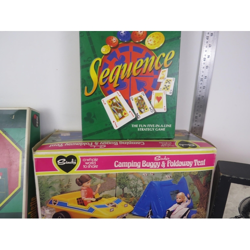 110 - SELECTION OF VINTAGE TOYS AND GAMES INCLUDES SINDYS CAMPING BUGGY AND FOLDAWAY TENT  (BOXED) MONOPOL... 