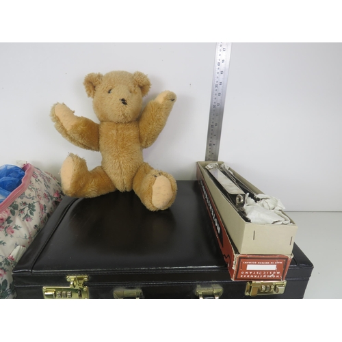 307 - MISCELLANEOUS LOT INCLUDING BOOKS, BRIEFCASE, OLD WOOD AND GLASS CONNELLA BOX, KNITTING ITEMS ETC