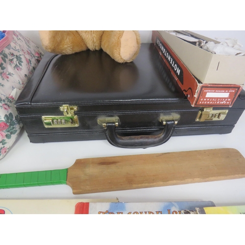 307 - MISCELLANEOUS LOT INCLUDING BOOKS, BRIEFCASE, OLD WOOD AND GLASS CONNELLA BOX, KNITTING ITEMS ETC