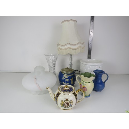 310 - SHELF LOT INCLUDES CRYSTAL LAMP, PRINKNASH JUG, VASES ETC