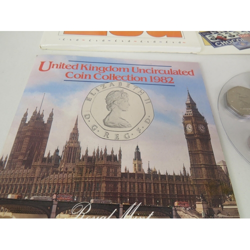 53 - TRAY OF COINS INCLUDES COMMEMORATIVE, BRITAINS FIRST DECIMAL COINS, 1967 COINAGE, 1982 UNCIRCULATED ... 