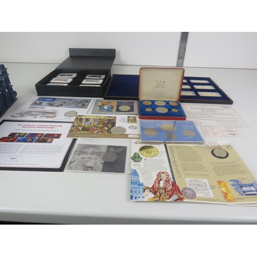 58 - COIN COVERS AND COLLECTION INCLUDES POUND INGOTS, JAMES BOND STAMPS, COINAGE OF GREAT BRITAIN etc