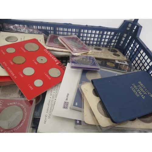 66 - TRAY OF COIN SETS, COMMEMORATIVE COINS ETC INCLUDING DENMARK SETS, OXFAM COINS SOUVENIR CIRCULATED C... 