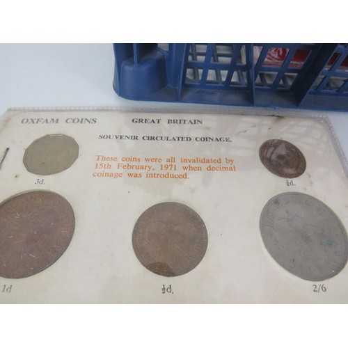 66 - TRAY OF COIN SETS, COMMEMORATIVE COINS ETC INCLUDING DENMARK SETS, OXFAM COINS SOUVENIR CIRCULATED C... 