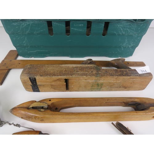 314 - CRATE OF WOOD WORKING TOOLS- MANY ANTIQUE (MARPLES ETC )