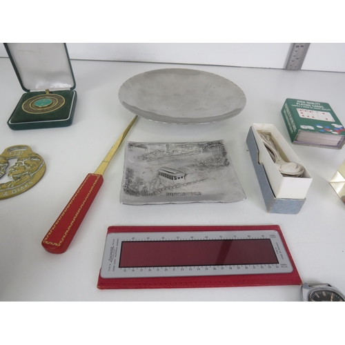 114 - MIXED LOT INCLUDING SILVER PLATE DISH (C.B), MILITARIA etc