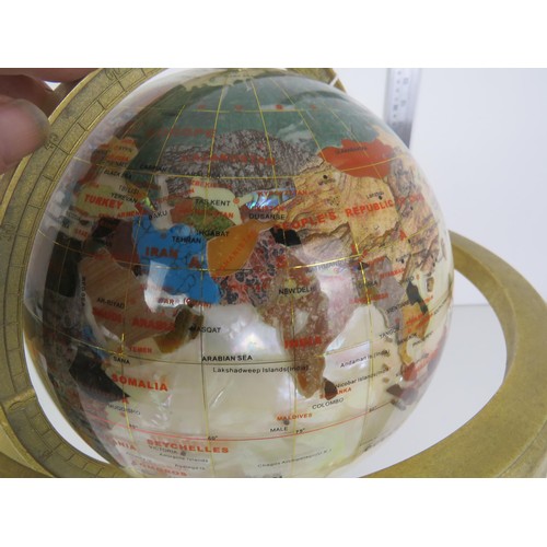 223 - MOTHER OF PEARL & GEMSTONE GLOBE ON BRASS STAND