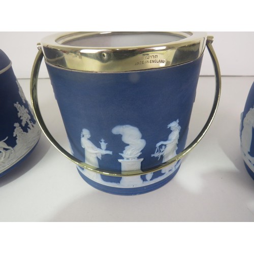 146 - 3 x BLUE AND WHITE JASPER WARE BISCUIT BARRELS INCLDUES ADAMS TUNSTALL AND WEDGEWOOD