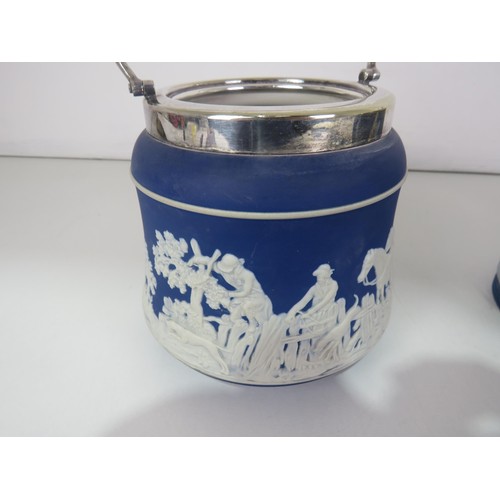 146 - 3 x BLUE AND WHITE JASPER WARE BISCUIT BARRELS INCLDUES ADAMS TUNSTALL AND WEDGEWOOD