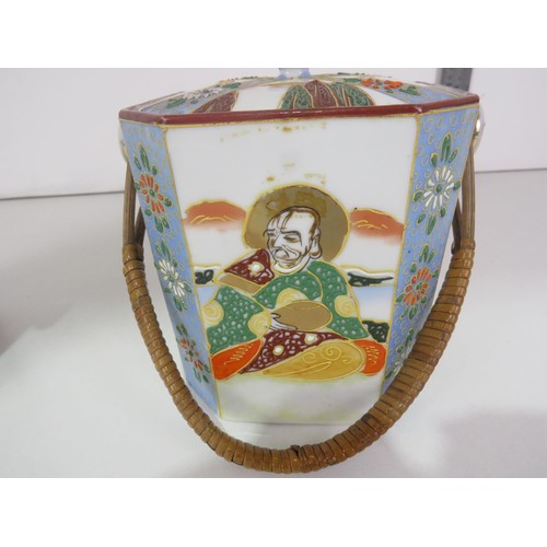 147 - TWO JAPANESE HAND PAINTED BISCUIT BARREL/SATSUMA MARIAGE JAR  WITH WICKER HANDLES