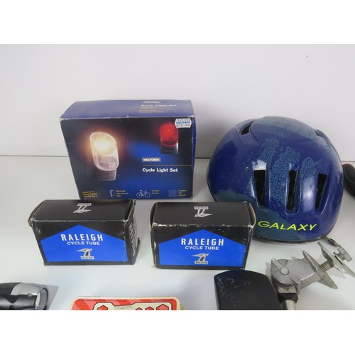 329 - BOX OF CYCLING ACCESSORIES INCLUDING LIGHT STAND, HELMET, NEW LOCK ETC