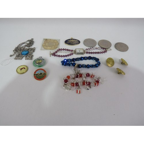 156 - ASSORTED BADGES AND PENDANTS, MEDALS, THREE CORWNS AND CRYSTAL STRAP LADIES WATCH, TWO BRACELETS etc